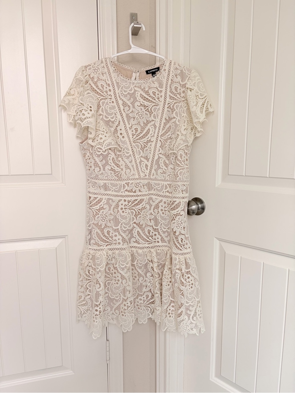 Express Ivory Lace Flutter-Sleeve Mini Dress